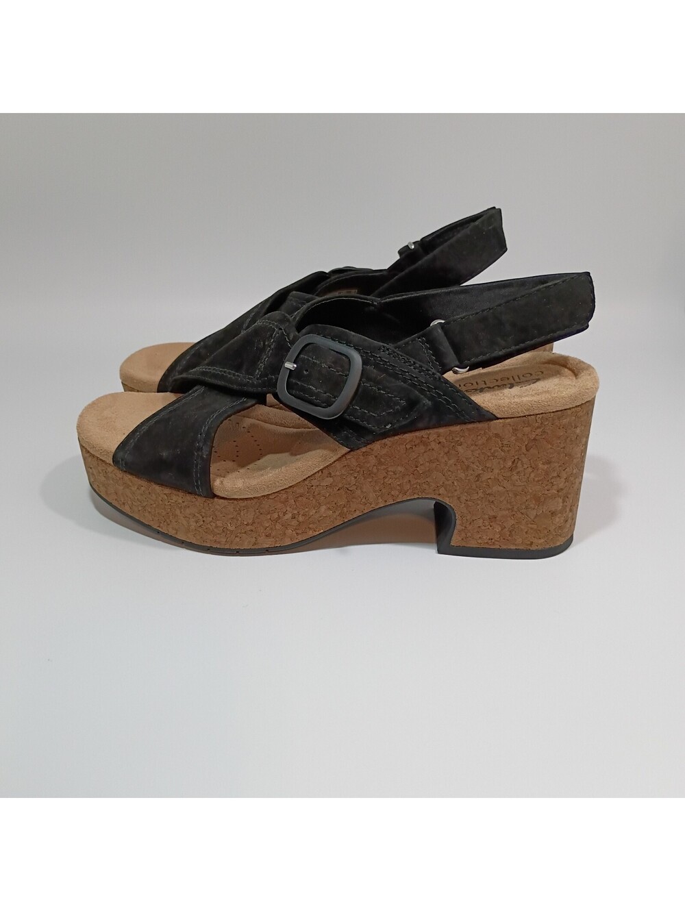 Clarks Collection Nerisa Pace Black Nubuck Leather Cork Heel Sandals 7.5 M Wedge
